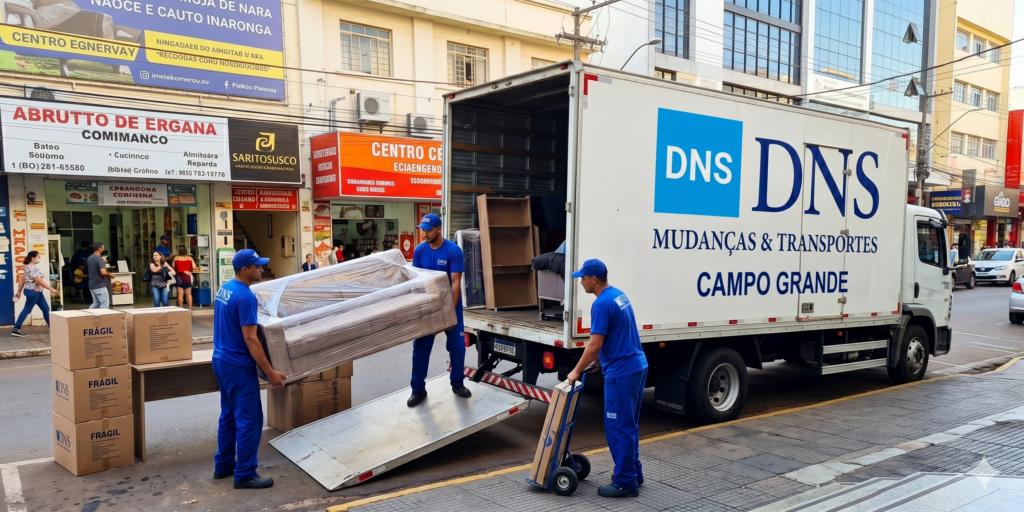 Uma equipe fazendo o transporte de uma mudança comercial em campo grande ms
